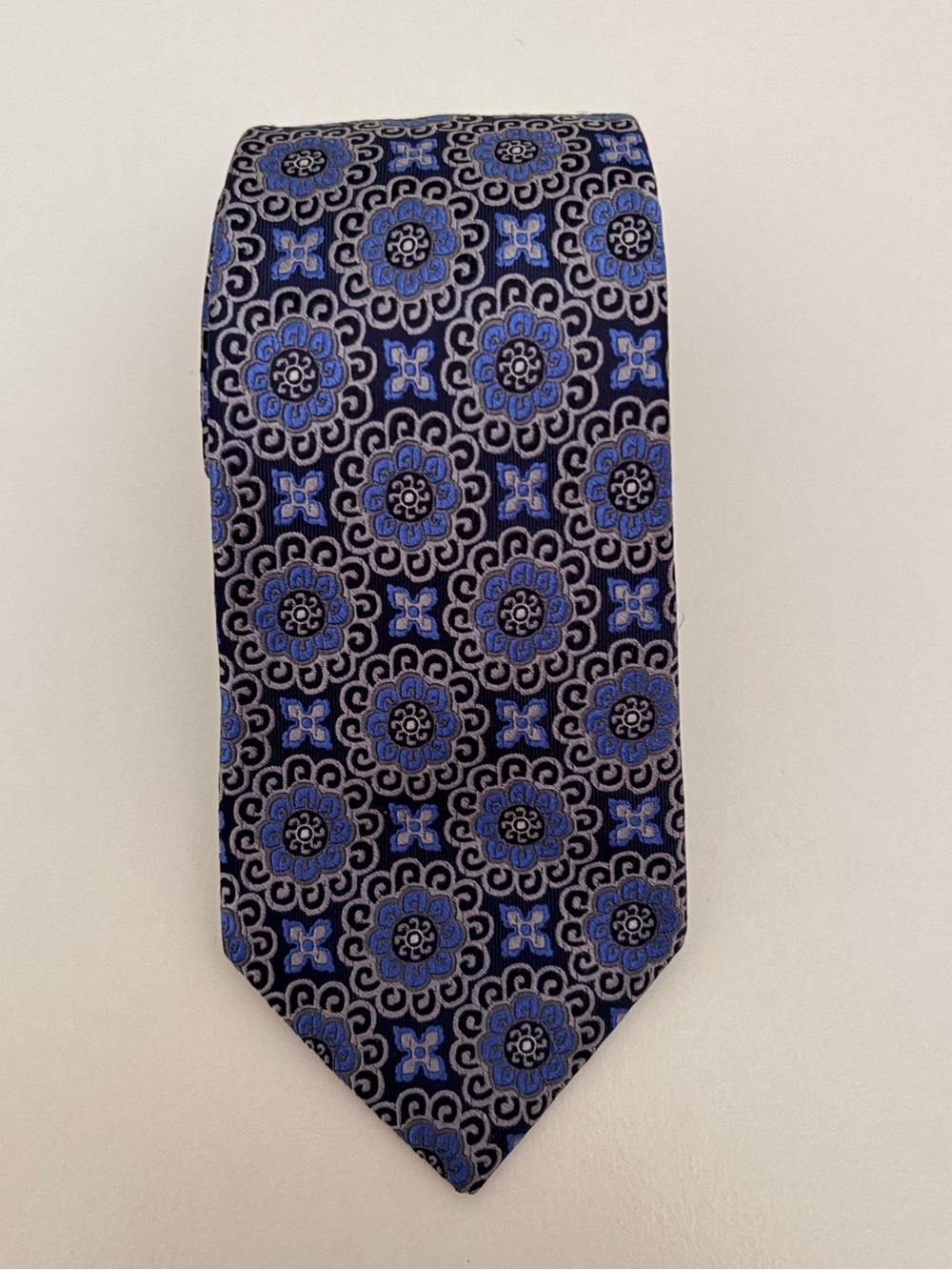 Jos. A. Bank Navy Tie with Blue Floral Medallions